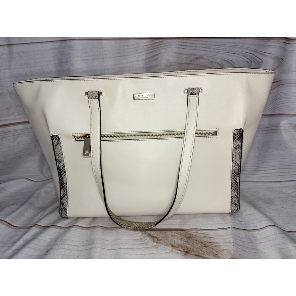 Kate Spade New York Cream Leather Tote Snake Trim Zip Shoulder Bag Large